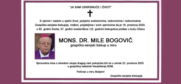 Pokop biskupa Bogovića u utorak 